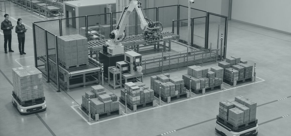 AGVとロボットによる混載パレタイズの構成